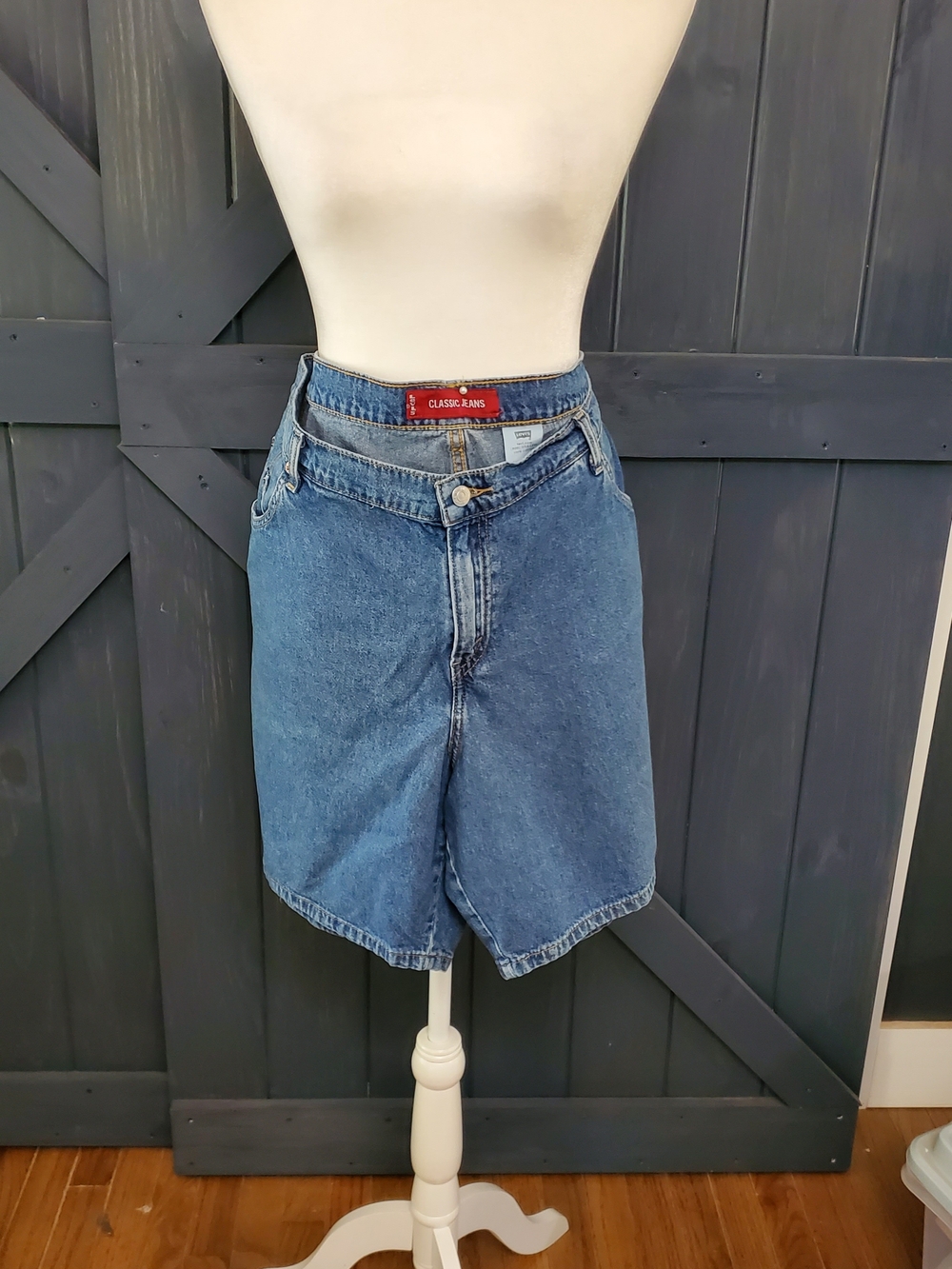 Levi's Medium Blue Denim High-Waist Shorts with Leather Patch